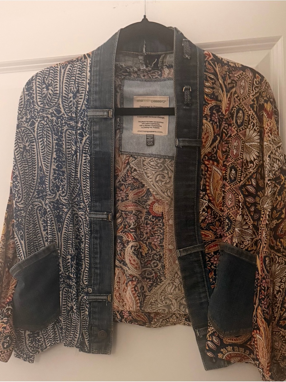 Boho Patchwork Jean-Trim Open Jacket in Multi-Color - Picture 4 of 7